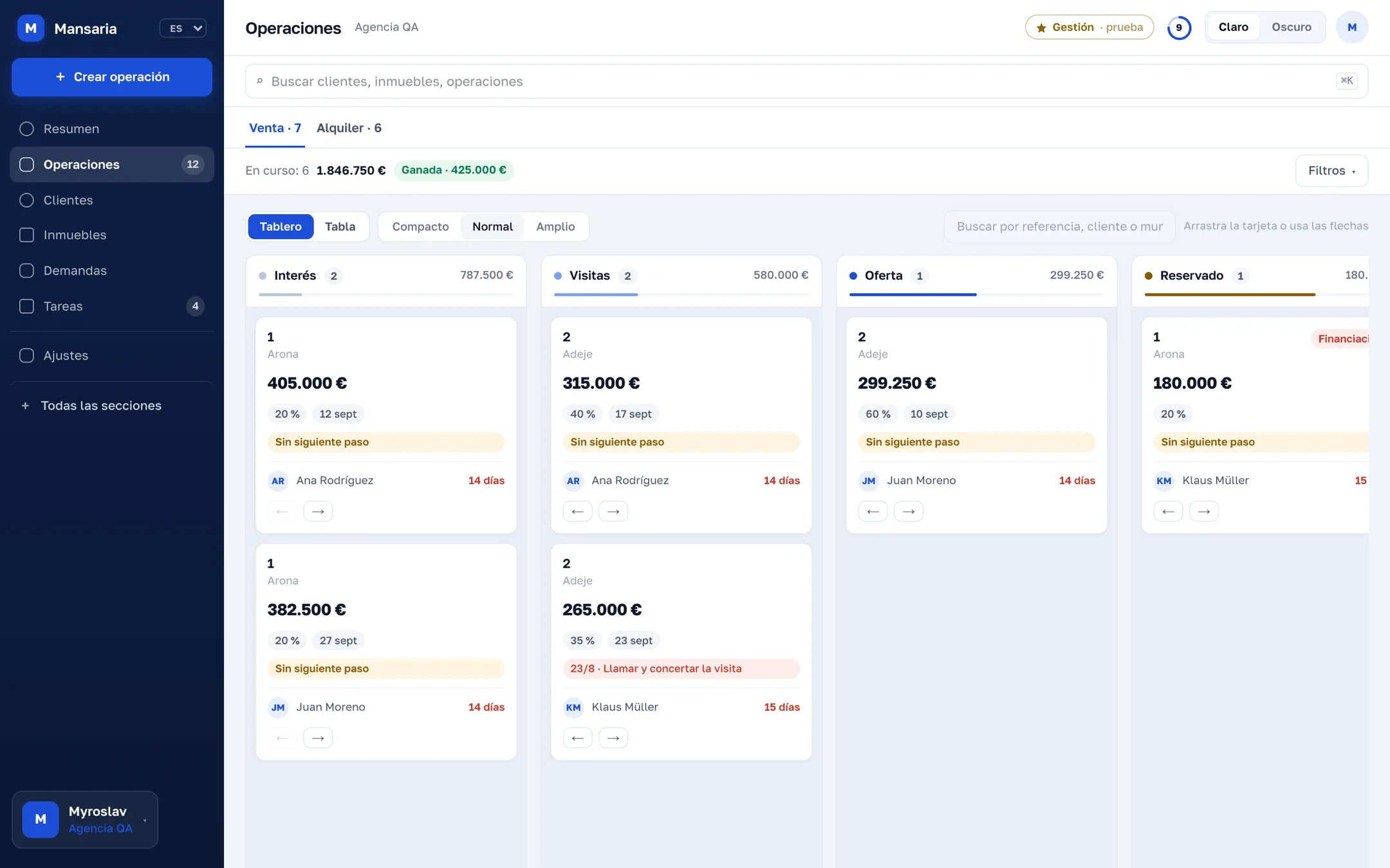 Embudo de operaciones: etapas, importes y el siguiente paso de cada una