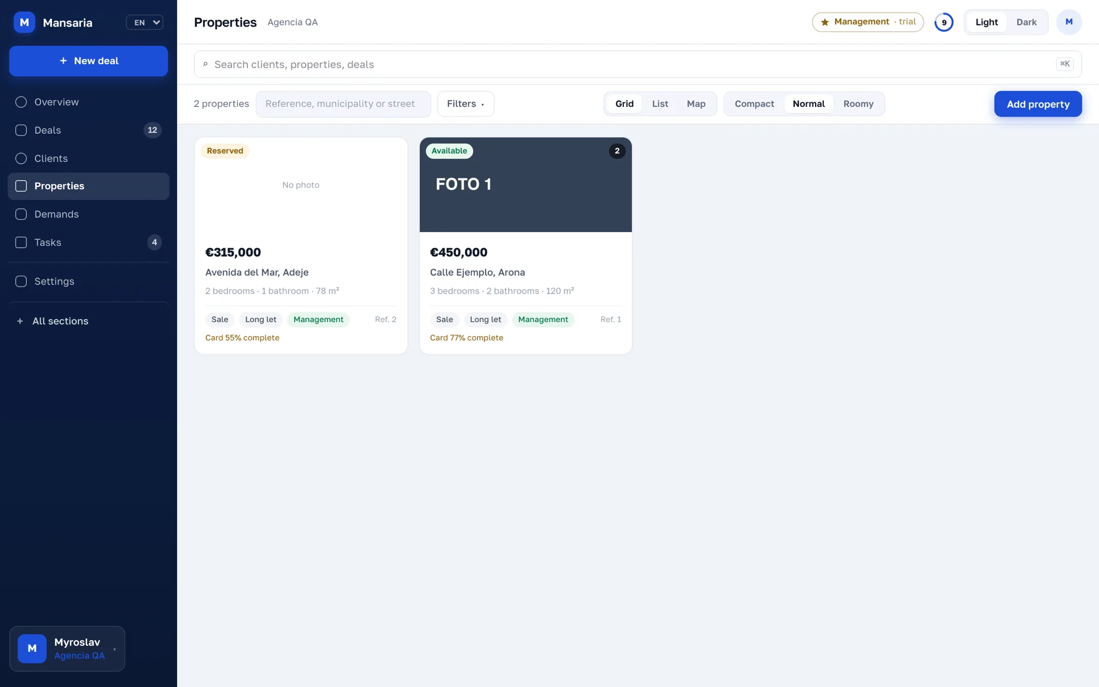 Die Immobilien der Agentur mit Preis, Vorgang und Stand des Datenblatts